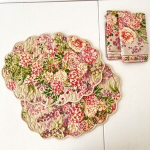 April Cornell Placemats and Napkins Beige Pink Floral Scalloped Quilted Set